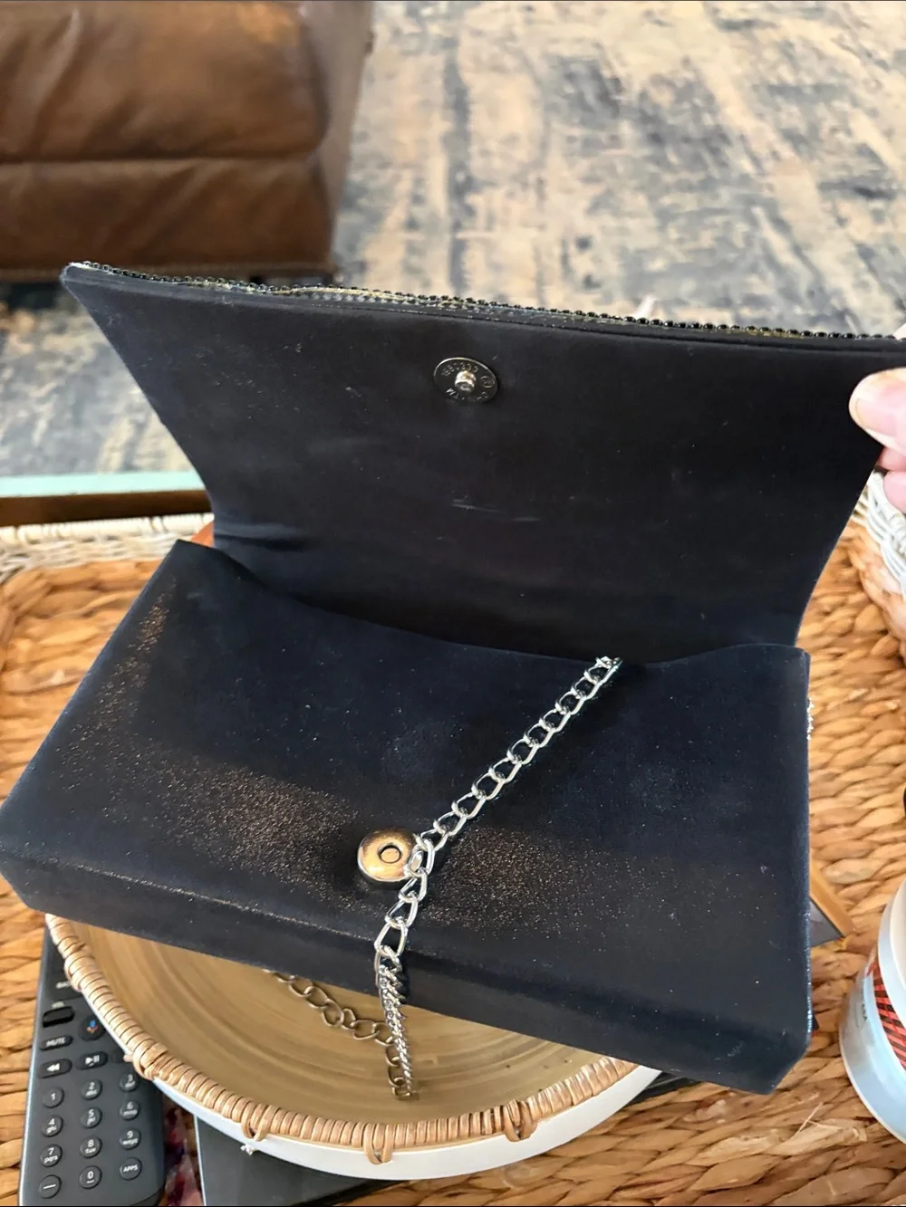 Rhinestone Chain-Handle Black Evening Clutch
